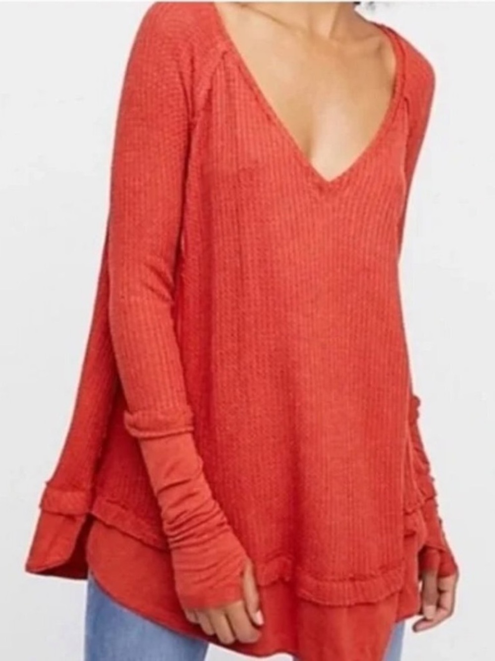 Free People | Women’s Rust Red We The Free V-neck Long Sleeve Waffle Knit Top S